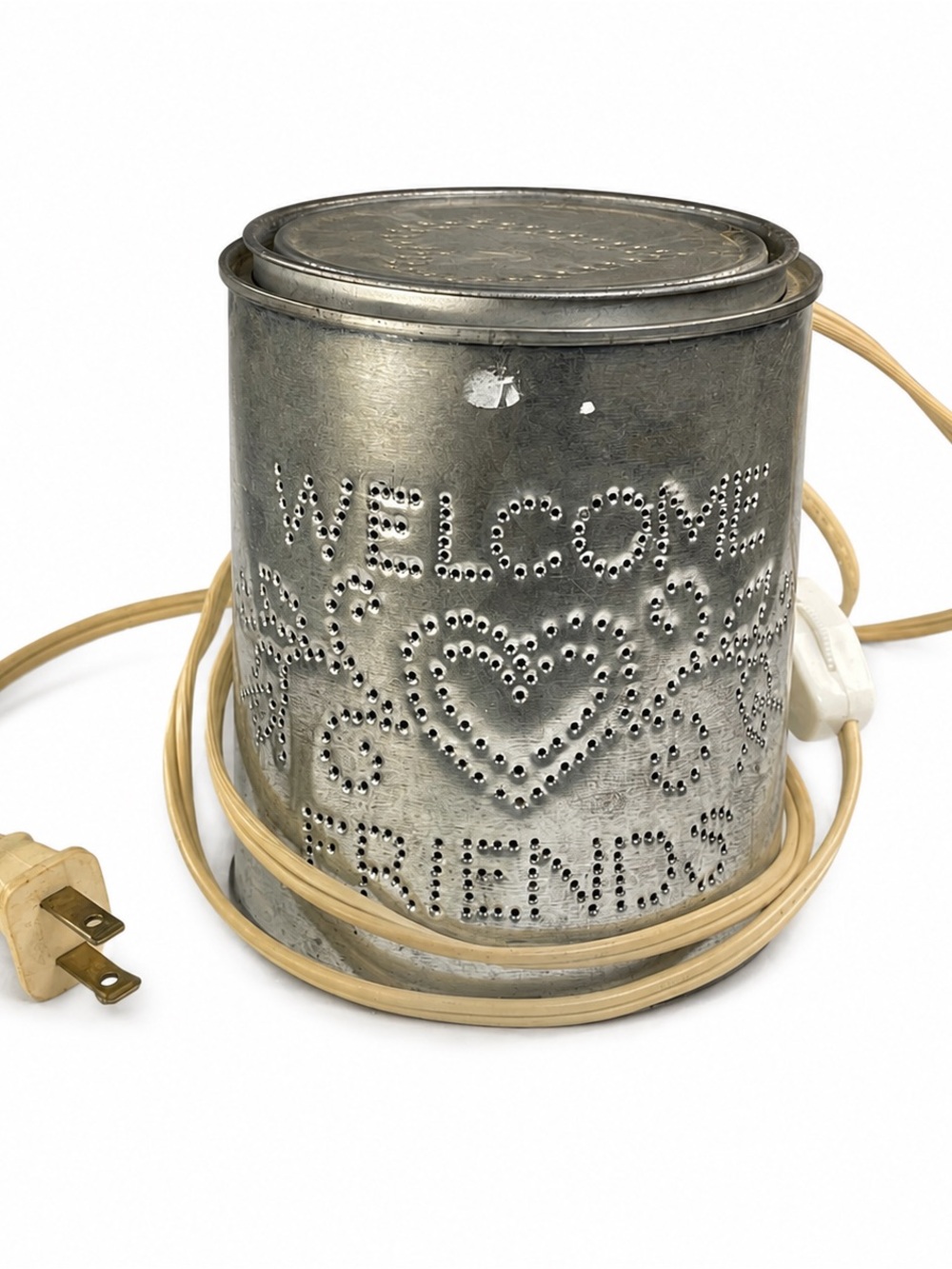 Welcome Friends Silver Tin Punch Metal Accent Lamp